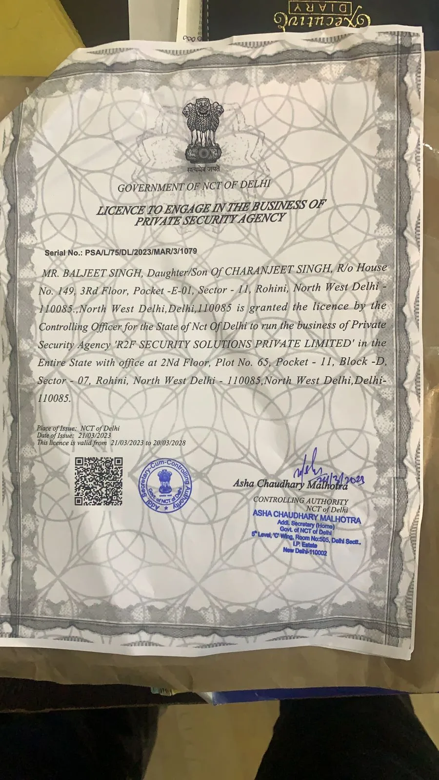 Supplied Delhi PSARA licence for R2F Security Solutions